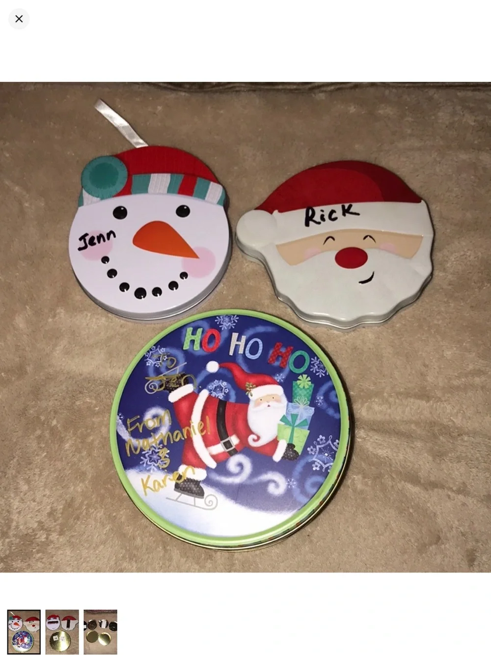 Holiday Santa and Snowman Metal Tin Trio - Festive Red, White, Green, Blue